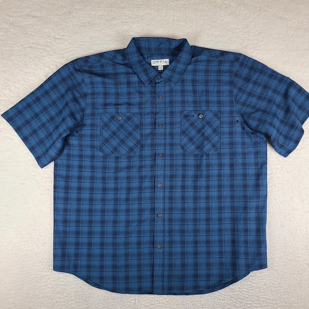 ORVIS Shirt Mens 2XL XXL Blue Plaid Sahara Outdoor Hiking Button Up Short Sleeve
